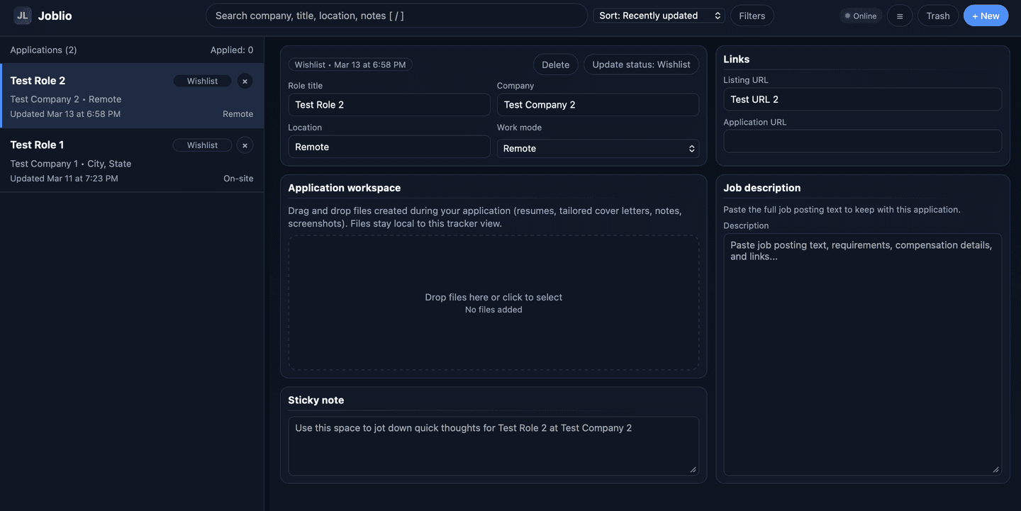 Joblio - Local Job Application Tracker